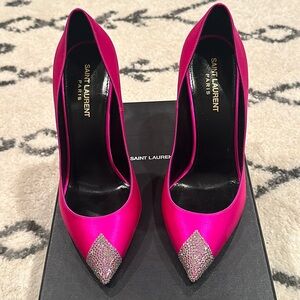 Saint Laurent Tower 110 Pink Satin Crystal-Embellished Pumps